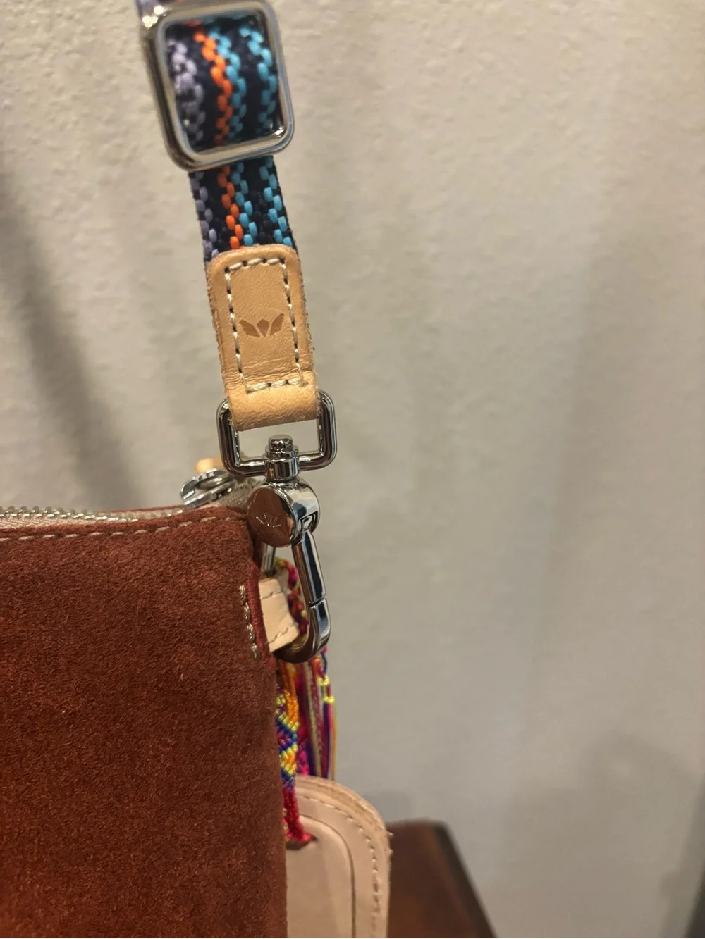 Consuela Brown Suede Embroidered Floral Crossbody Shoulder Bag Adjustable Strap